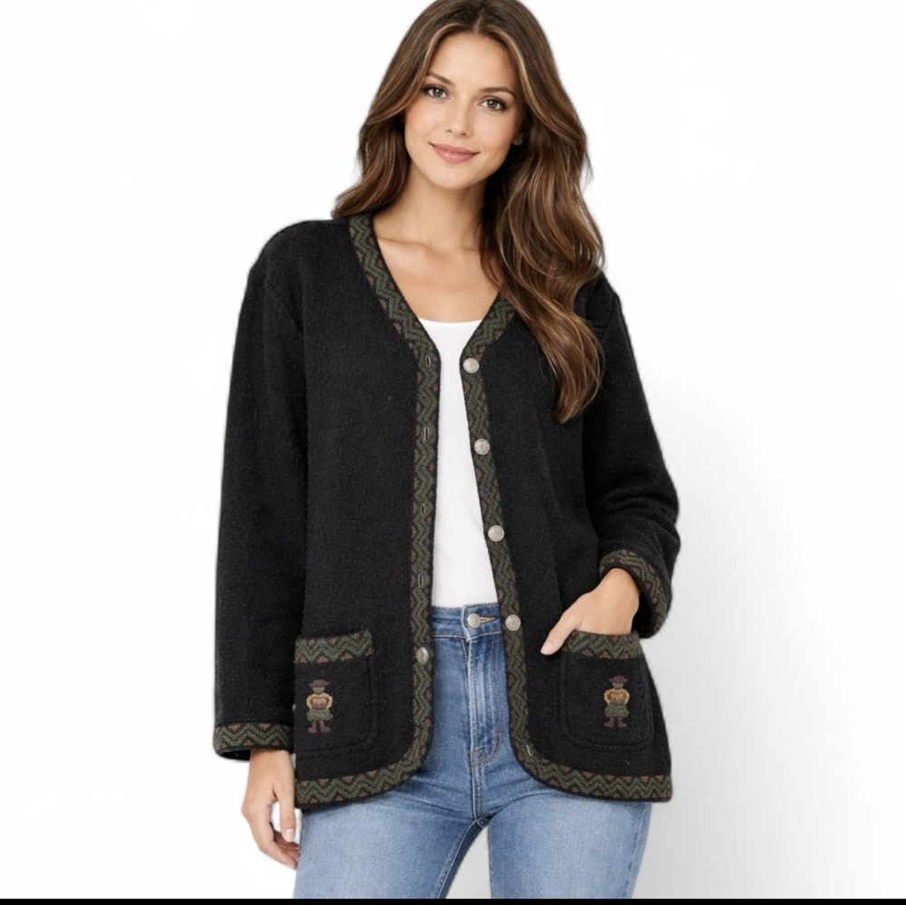 Black Cardigan with Green Accents